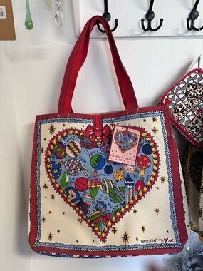 Brighton Red and Multicolor Heart-Print Tote